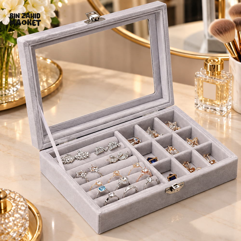 GREY VELVET JEWELRY ORGANIZER BOX WITH TRANSPARENT DISPLAY LID