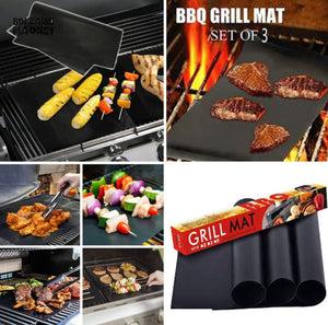 GRILL MAT SET OF 3 NON-STICK BBQ MATS HEAVY DUTY & REUSABLE UP TO 600°F