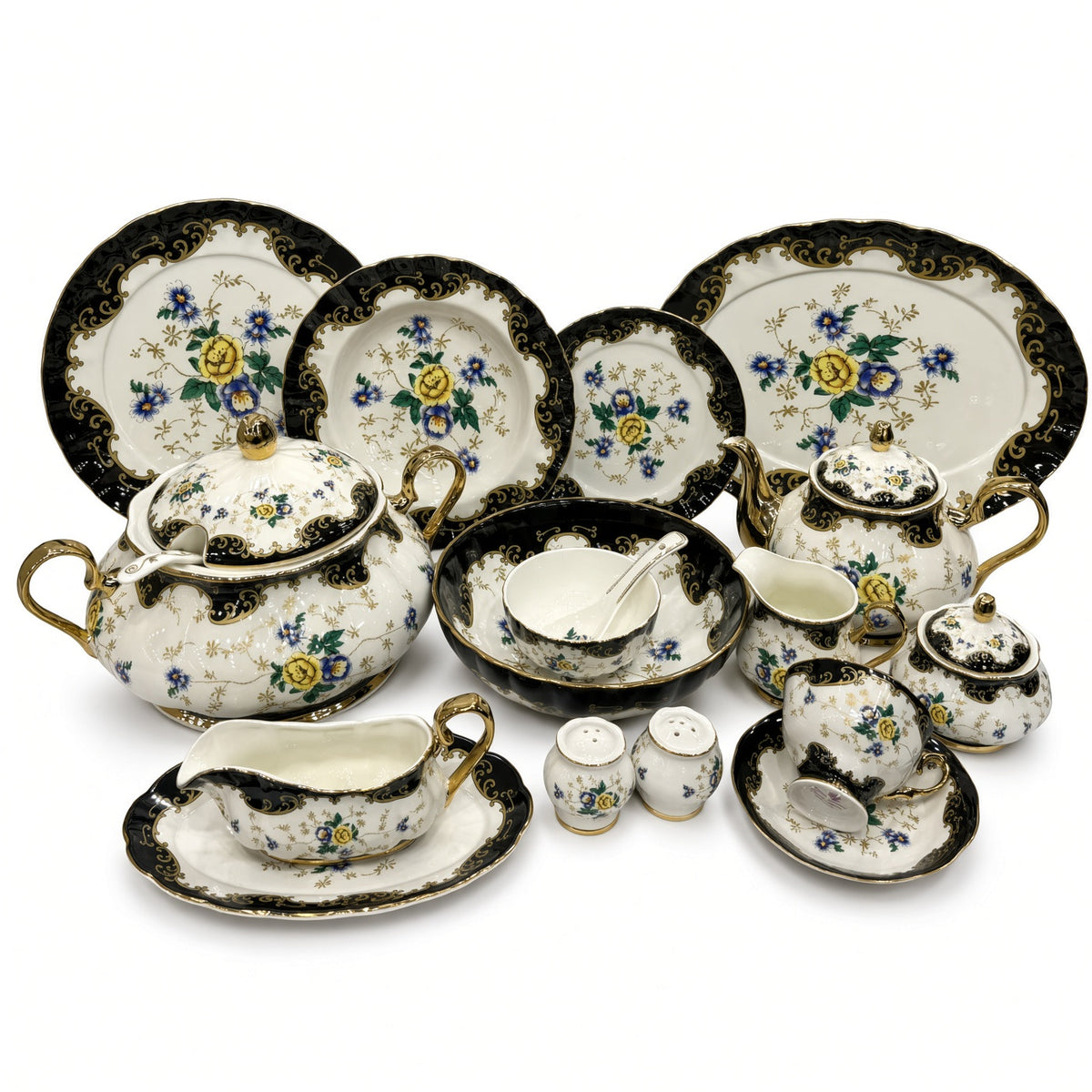 Royal Albert Inspired Black Border Floral Patterns 75 Pieces 8 Persons Serving Bone China Dinner Set