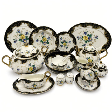 Royal Albert Inspired Black Border Floral Patterns 75 Pieces 8 Persons Serving Bone China Dinner Set