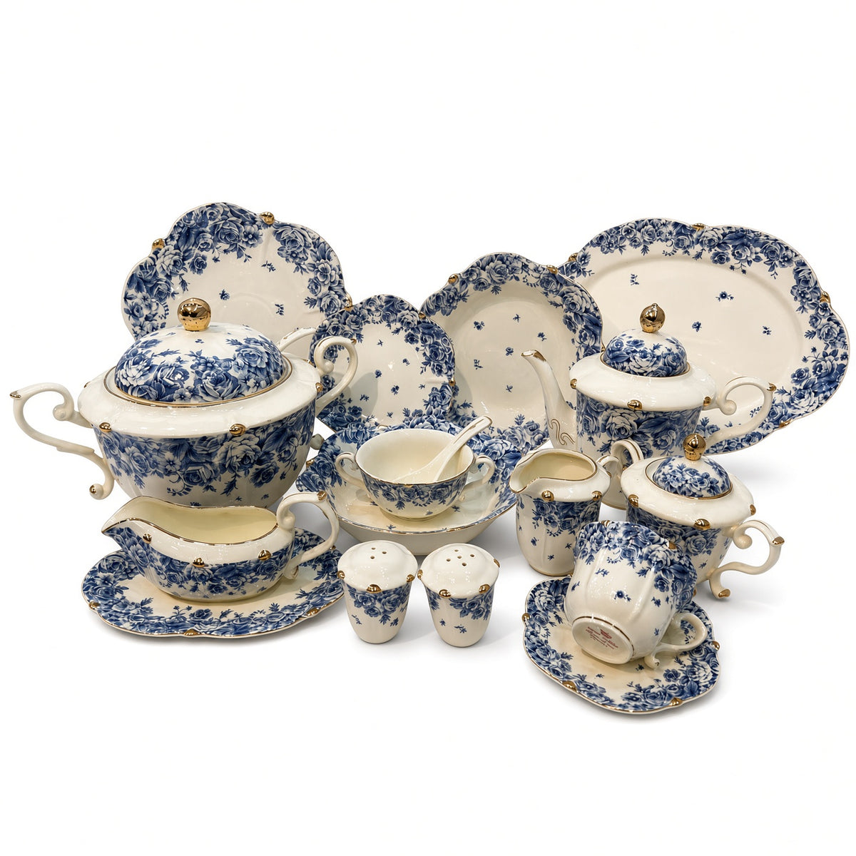 Royal Albert Inspired Blue Floral Patterns 75 Pieces 8 Persons Serving Bone China Dinner Set
