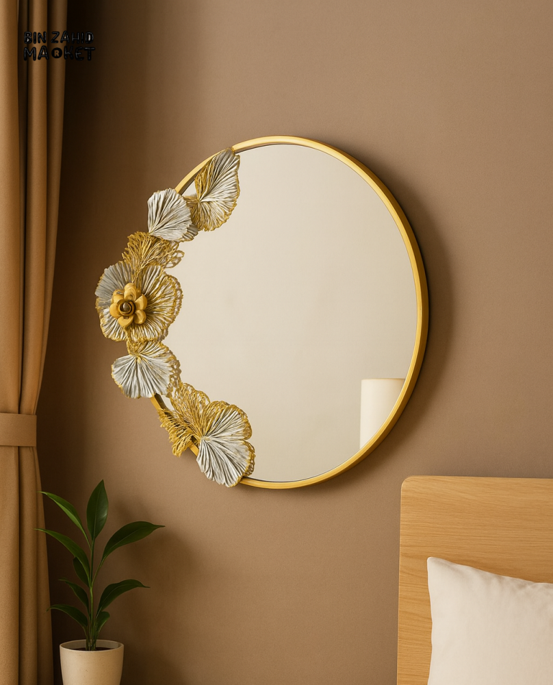 HALO BLOOM LUXURY ROUND DECORATIVE MIRROR – ELEGANT GOLD & FLORAL DESIGN FOR BEDROOM & LIVING ROOM
