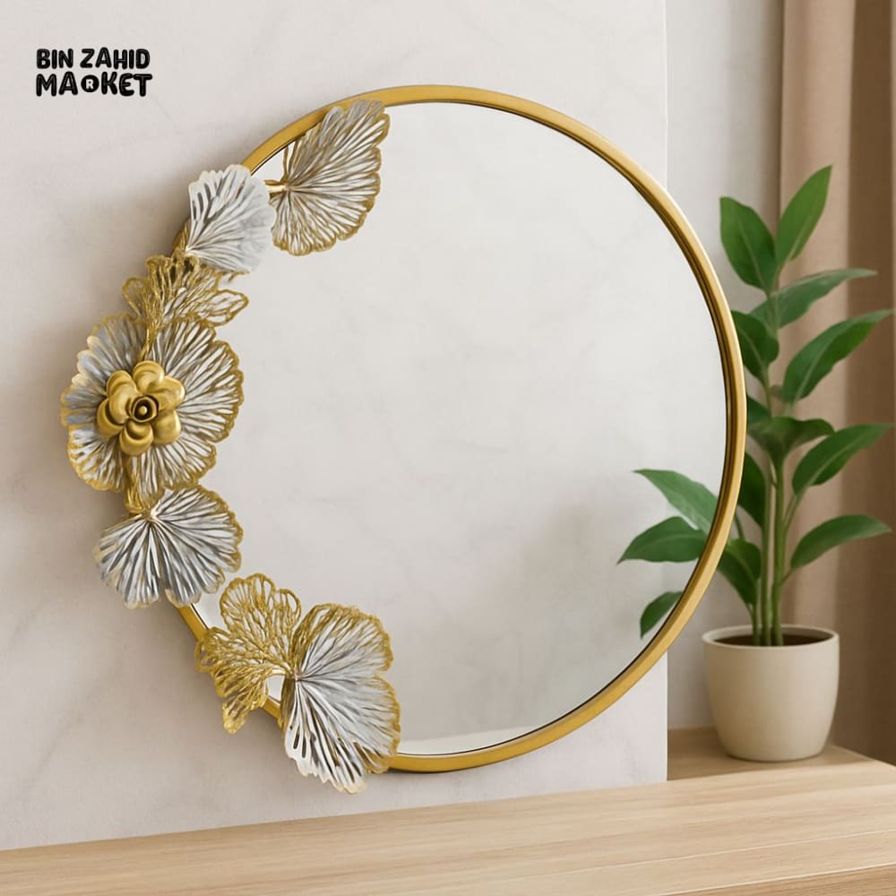 HALO BLOOM LUXURY ROUND DECORATIVE MIRROR – ELEGANT GOLD & FLORAL DESIGN FOR BEDROOM & LIVING ROOM