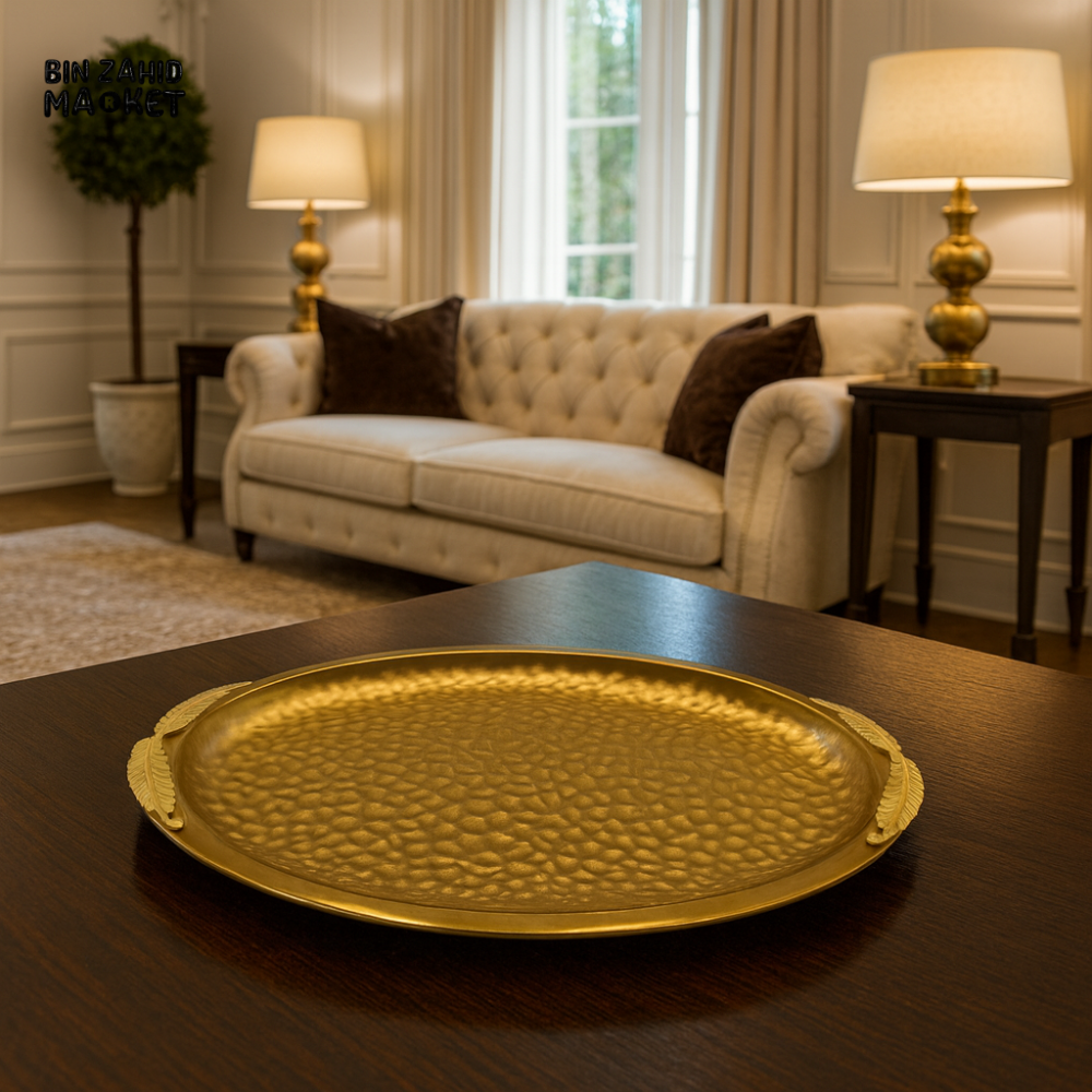 HAMMERED GOLD METAL SERVING TRAY WITH LEAF HANDLES – LUXURY VILLA STYLE DECOR - 14 M02-B