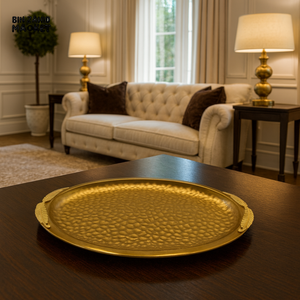 HAMMERED GOLD METAL SERVING TRAY WITH LEAF HANDLES – LUXURY VILLA STYLE DECOR - 16 M01-B