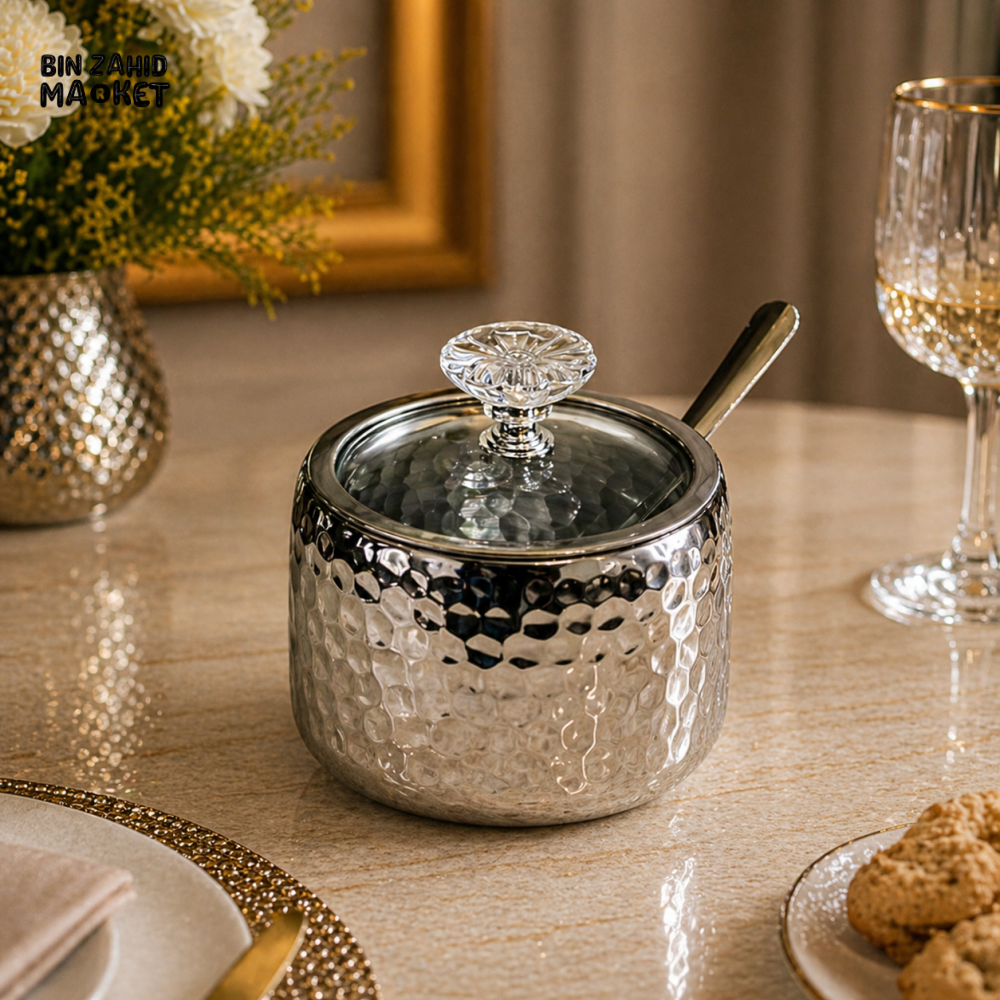 HAMMERED STAINLESS STEEL SUGAR POT WITH GLASS LID & SPOON