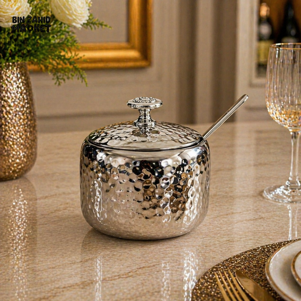 HAMMERED STAINLESS STEEL SUGAR POT WITH LID
