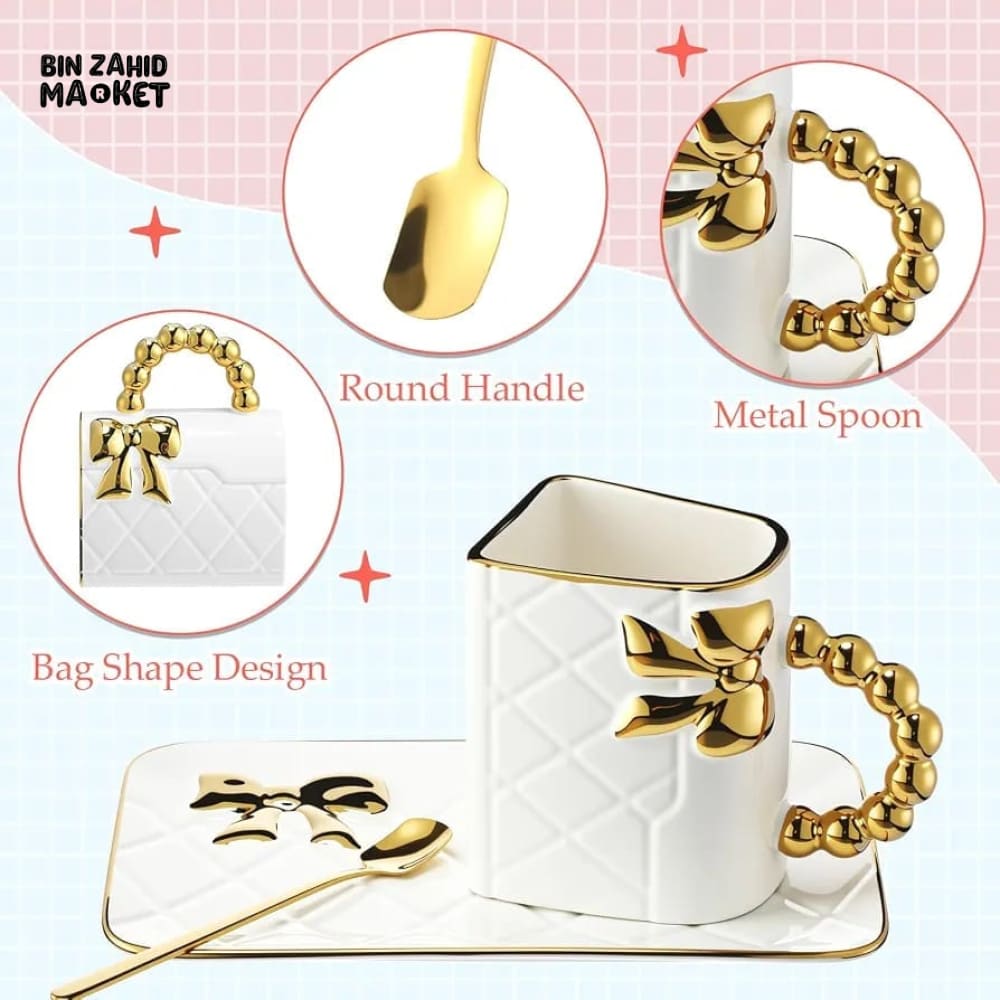 HANDBAG DESIGN CERAMIC MUG WITH TRAY & SPOON