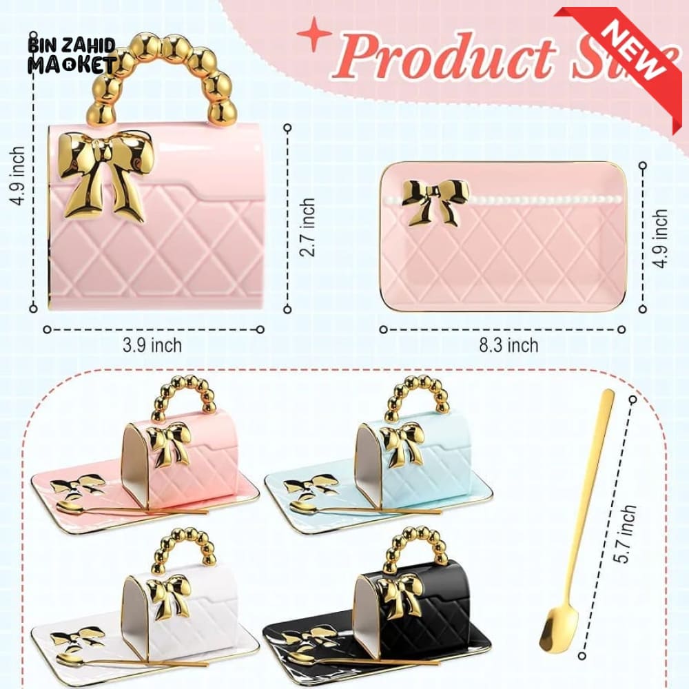 HANDBAG DESIGN CERAMIC MUG WITH TRAY & SPOON