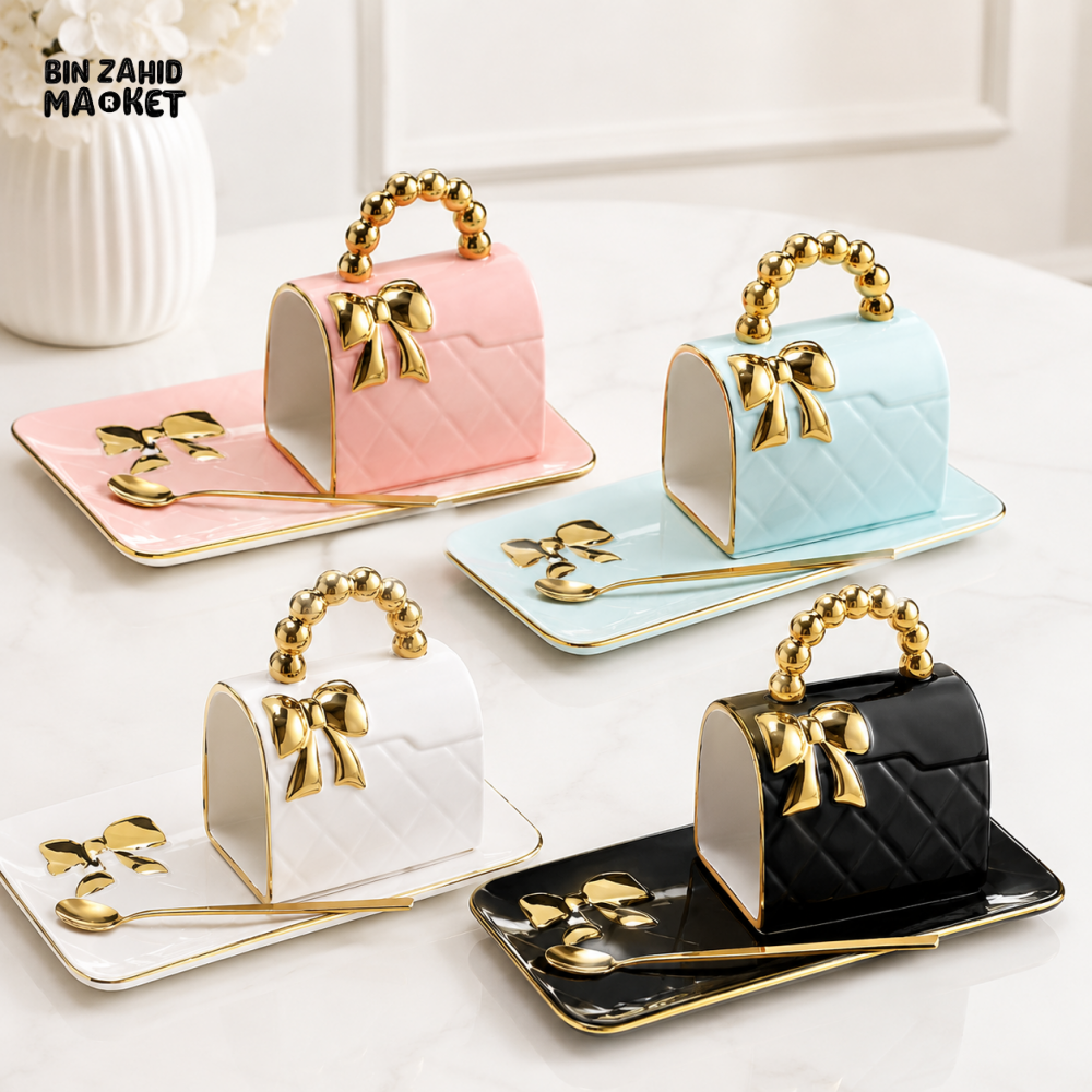 HANDBAG DESIGN CERAMIC MUG WITH TRAY & SPOON