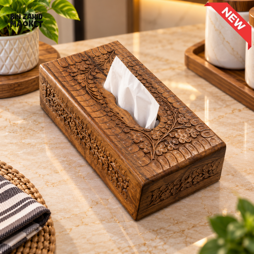 HANDCRAFTED FLORAL CARVED WOODEN TISSUE BOX