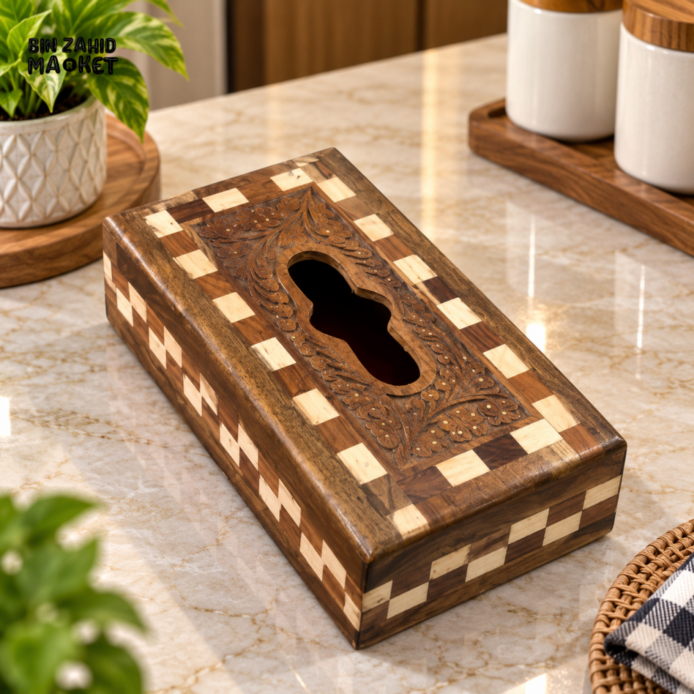 HANDCRAFTED WOODEN CARVED TISSUE BOX