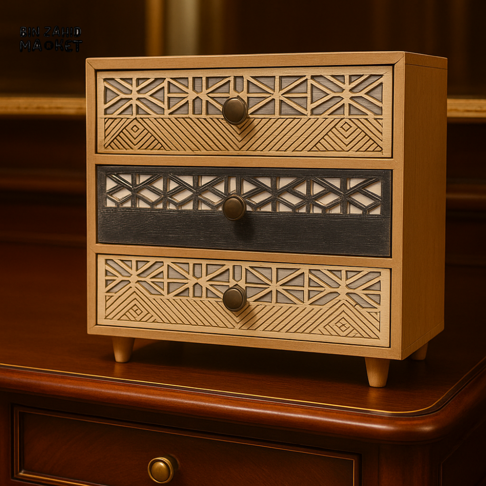 HANDCRAFTED WOODEN MINI DRAWER CHEST – GEOMETRIC DESIGN DRESSING TABLE ORGANIZER