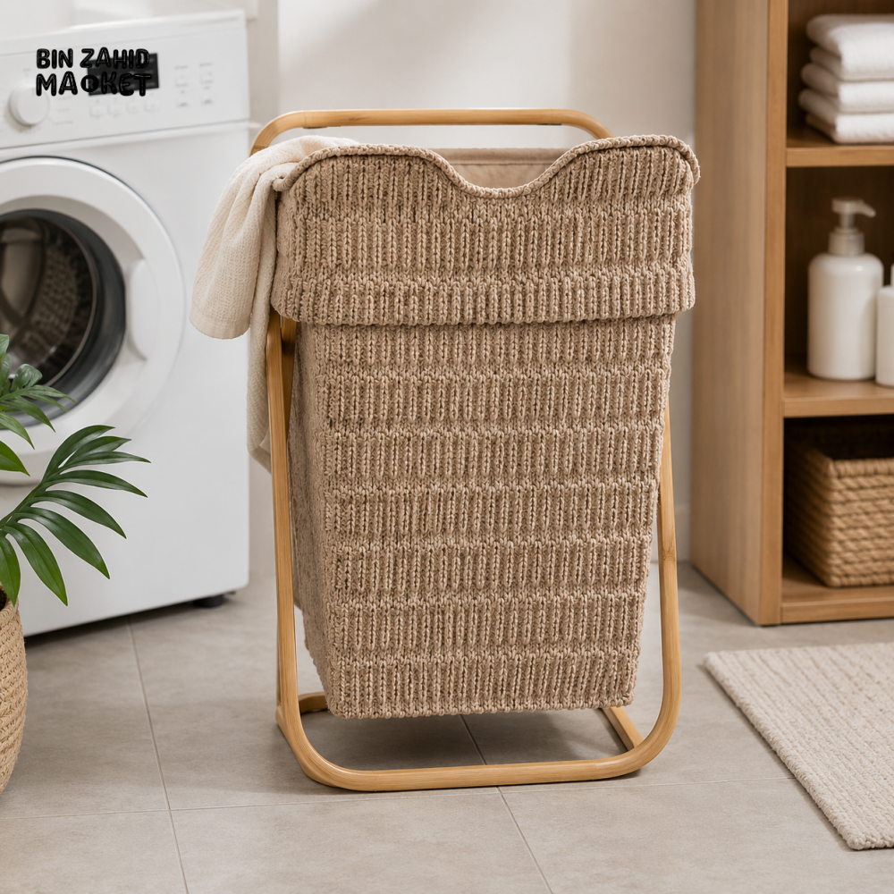 HANDWOVEN ROPE LAUNDRY HAMPER WITH WOODEN STAND - Laundry Baskets & Hampers