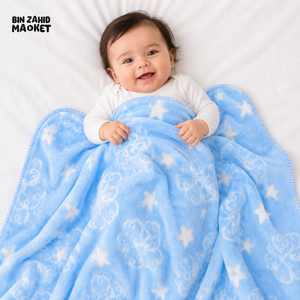 HAPPIMUMS BABY PLUSH SLEEPING BLANKET DOUBLE PLY BLUE STAR & FLOWER 110 x 80 - BLUE