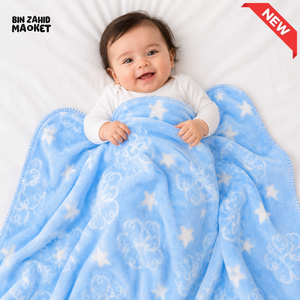 HAPPIMUMS BABY PLUSH SLEEPING BLANKET DOUBLE PLY BLUE STAR & FLOWER 110 x 80 - BLUE