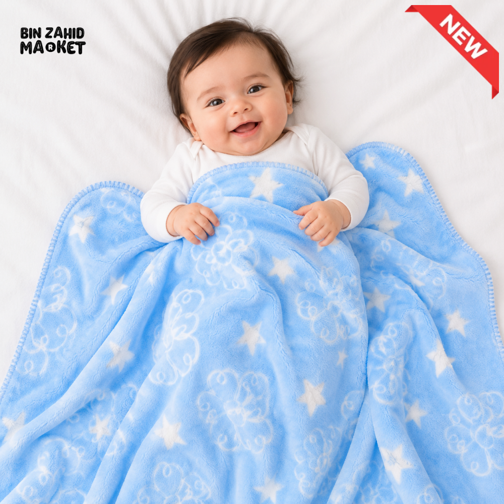 HAPPIMUMS BABY PLUSH SLEEPING BLANKET DOUBLE PLY BLUE STAR & FLOWER 110 x 80 - BLUE