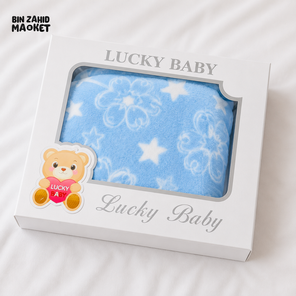 HAPPIMUMS BABY PLUSH SLEEPING BLANKET DOUBLE PLY BLUE STAR & FLOWER 110 x 80 - BLUE