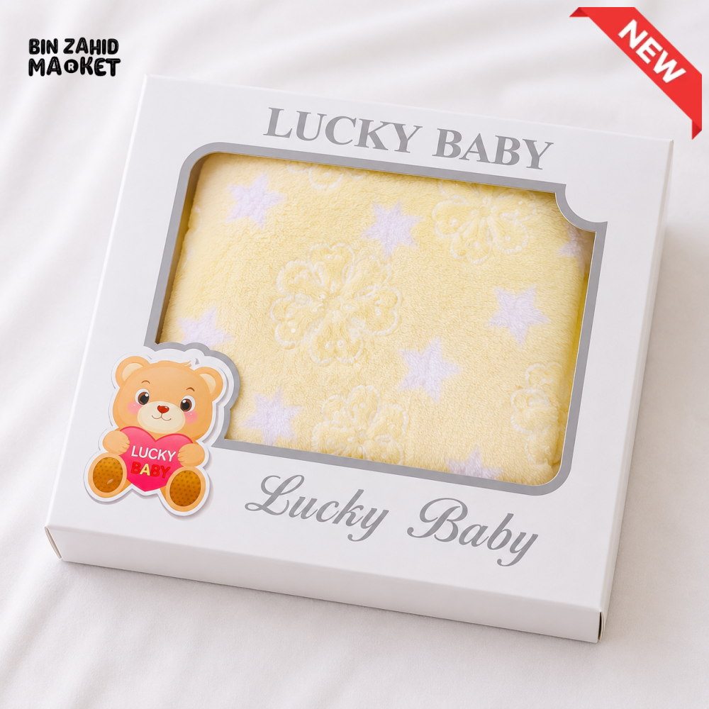 HAPPIMUMS BABY PLUSH SLEEPING BLANKET DOUBLE PLY BLUE STAR & FLOWER 110 x 80 - CREAM