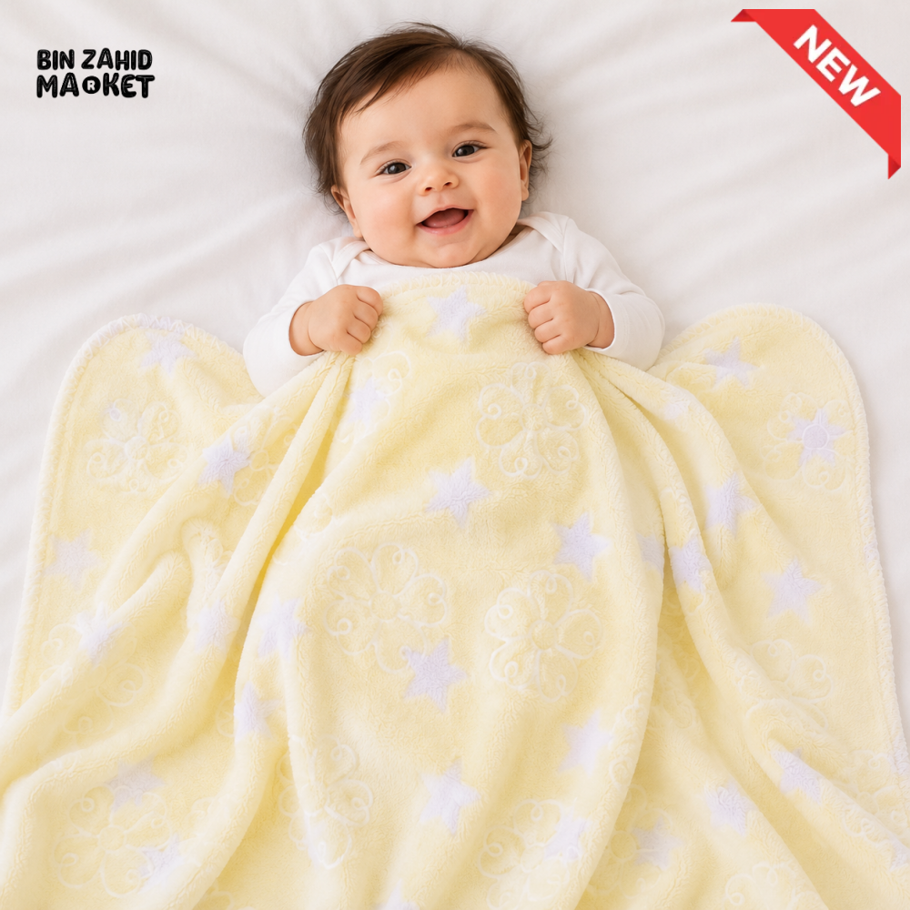 HAPPIMUMS BABY PLUSH SLEEPING BLANKET DOUBLE PLY BLUE STAR & FLOWER 110 x 80 - CREAM