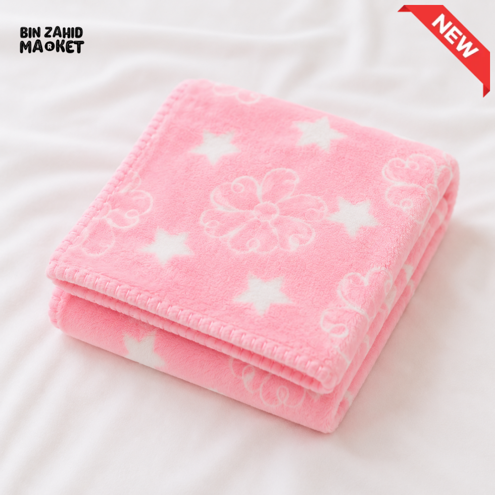 HAPPIMUMS BABY PLUSH SLEEPING BLANKET DOUBLE PLY BLUE STAR & FLOWER 110 x 80 - PINK