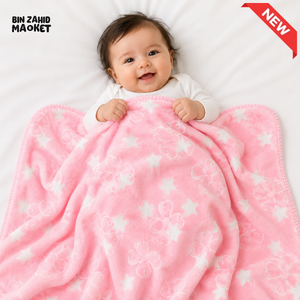 HAPPIMUMS BABY PLUSH SLEEPING BLANKET DOUBLE PLY BLUE STAR & FLOWER 110 x 80 - PINK