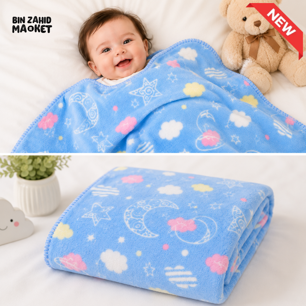 HAPPIMUMS BABY PLUSH SLEEPING BLANKET DOUBLE PLY SPACE DREAM 110 × 80 CM - BLUE