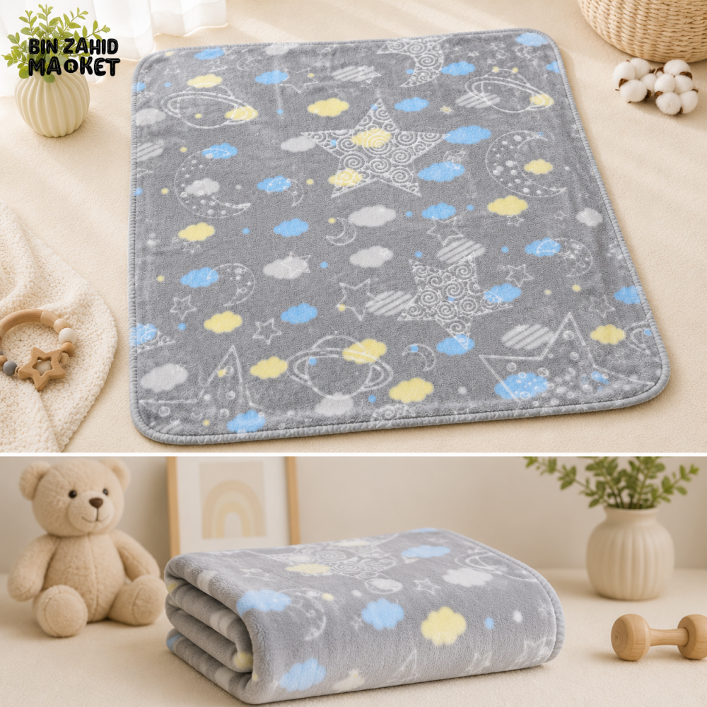 HAPPIMUMS BABY PLUSH SLEEPING BLANKET DOUBLE PLY SPACE DREAM 110 × 80 CM - BLUE