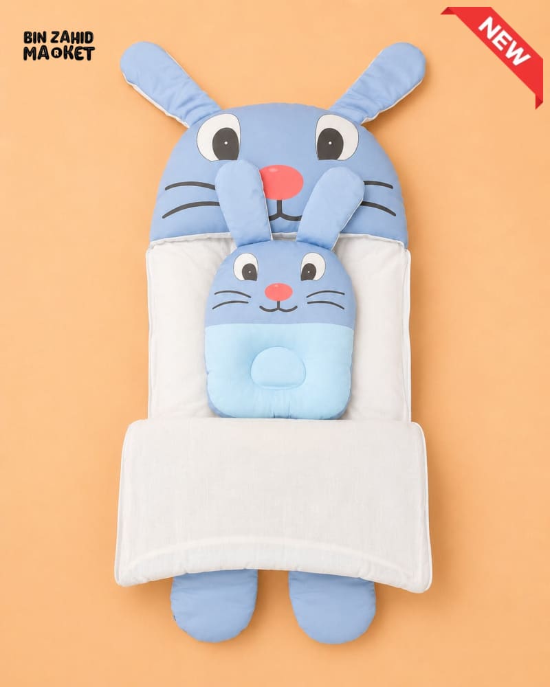 HAPPIMUMS CHARACTER CUDDLY CARRY NEST WITH PILLOW - BLUE BUNNY