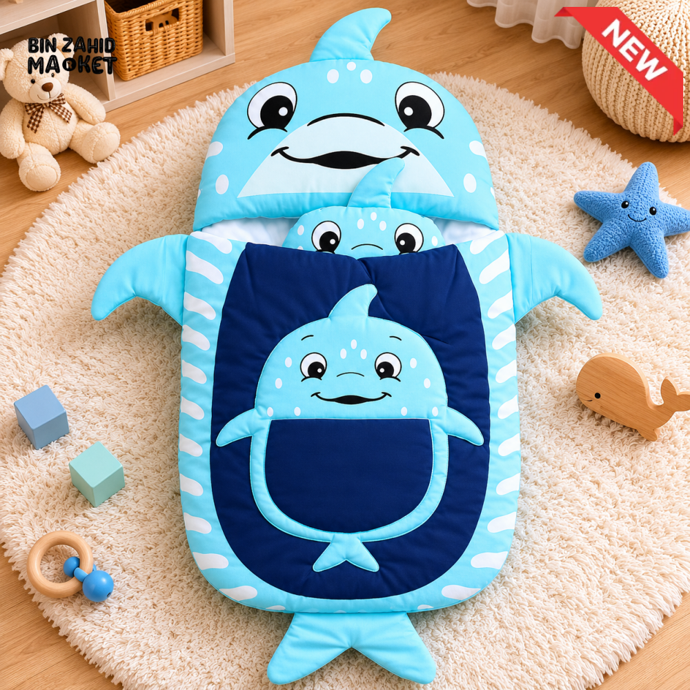 HAPPIMUMS CHARACTER CUDDLY CARRY NEST WITH PILLOW - BLUE LITTLE SHARK