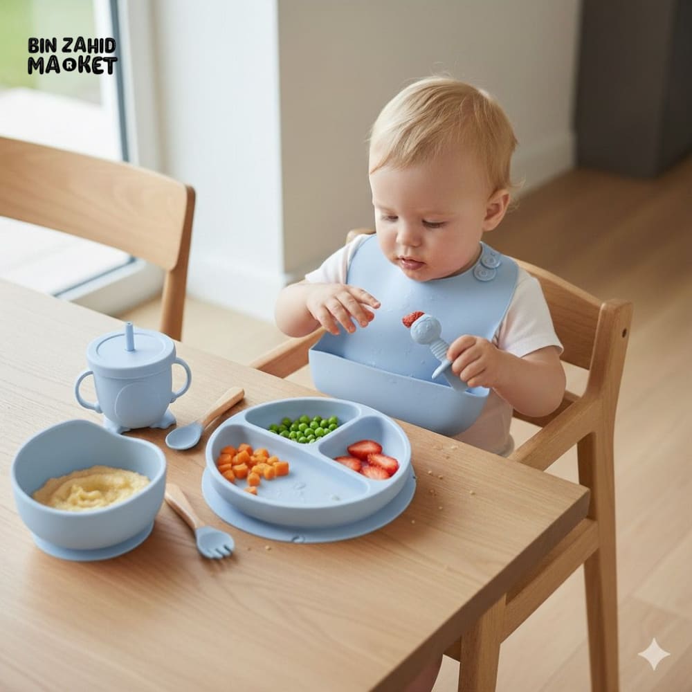 HAPPIMUMS SILICONE BABY 8IN1 TABLEWARE FEEDING SET - BLUE