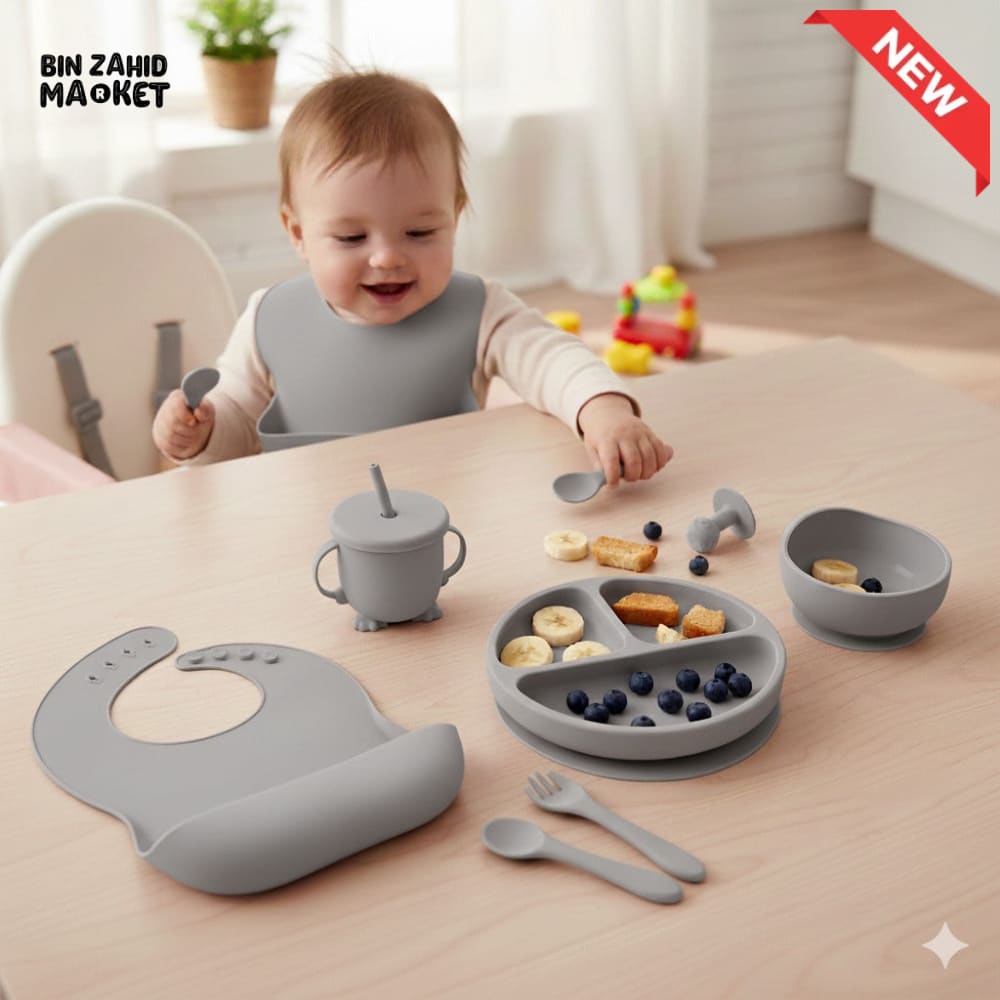 HAPPIMUMS SILICONE BABY 8IN1 TABLEWARE FEEDING SET - BLUE