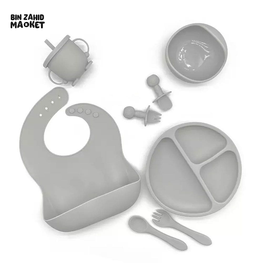 HAPPIMUMS SILICONE BABY 8IN1 TABLEWARE FEEDING SET - GREY