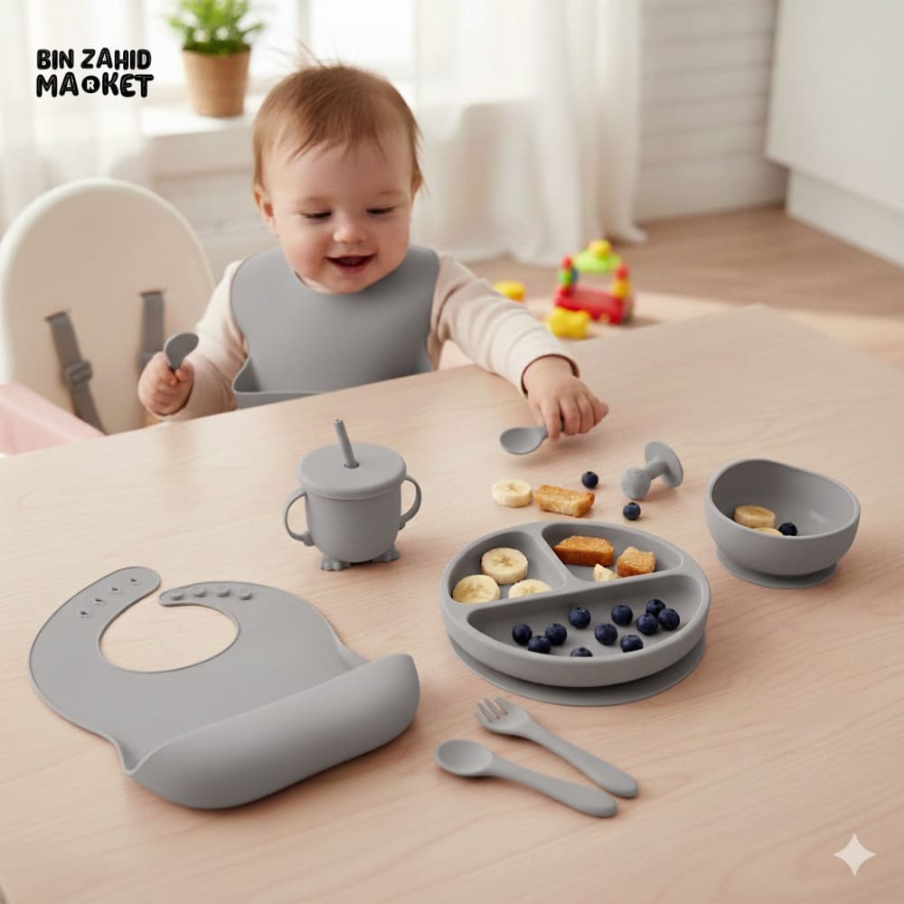 HAPPIMUMS SILICONE BABY 8IN1 TABLEWARE FEEDING SET - GREY
