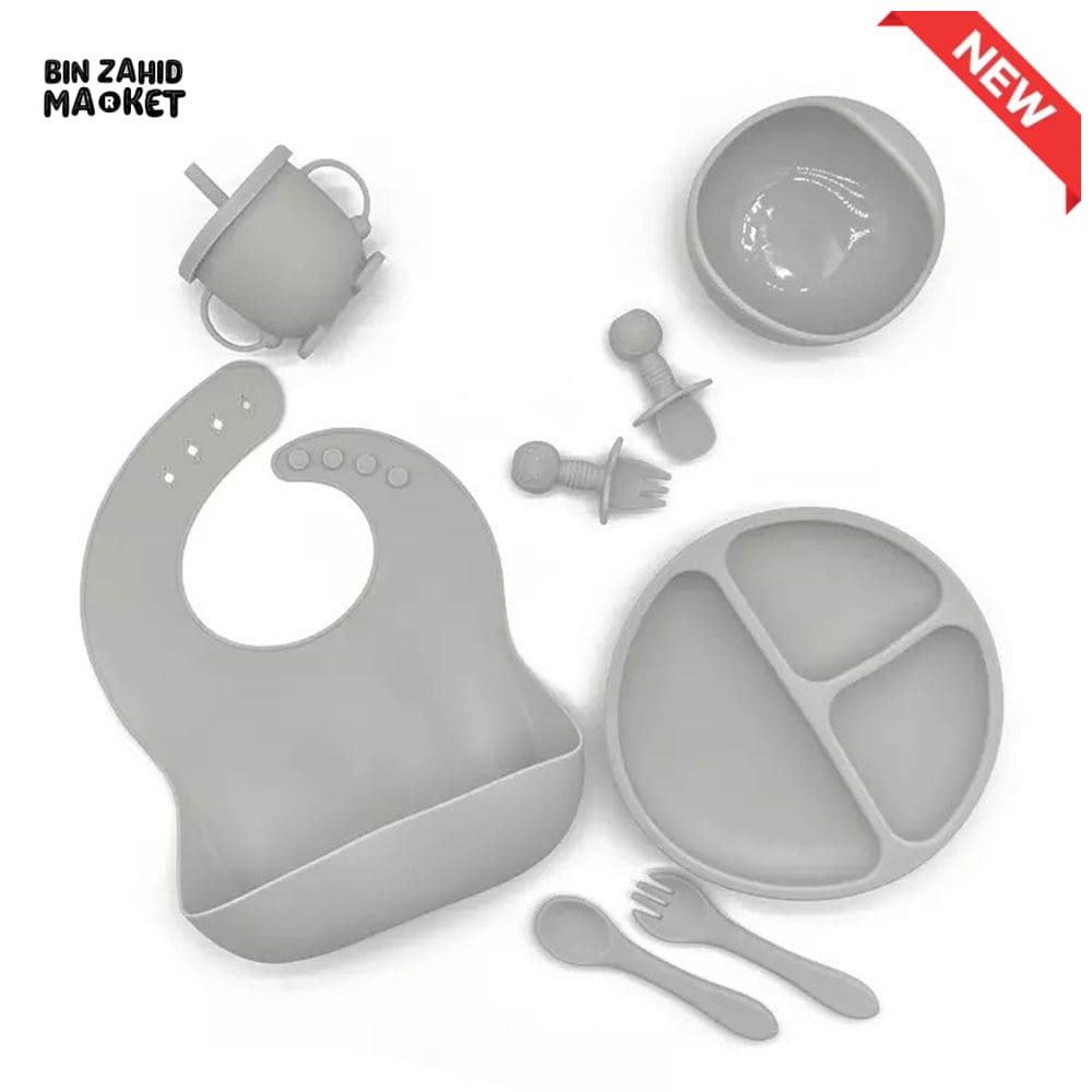 HAPPIMUMS SILICONE BABY 8IN1 TABLEWARE FEEDING SET - GREY