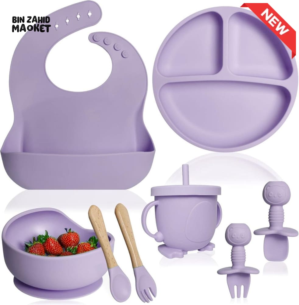HAPPIMUMS SILICONE BABY 8IN1 TABLEWARE FEEDING SET - PURPLE