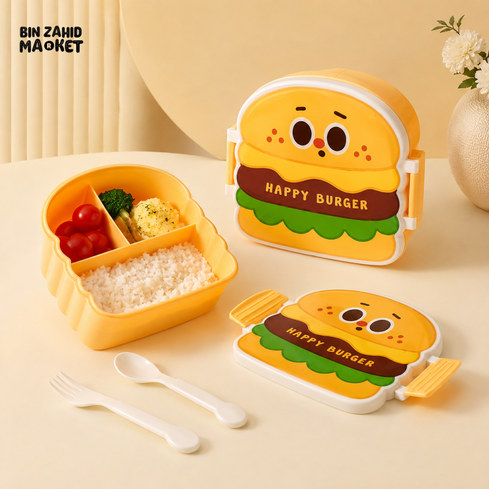 HAPPY BURGER KIDS COMPARTMENT LUNCH BOX WITH CUTLERY