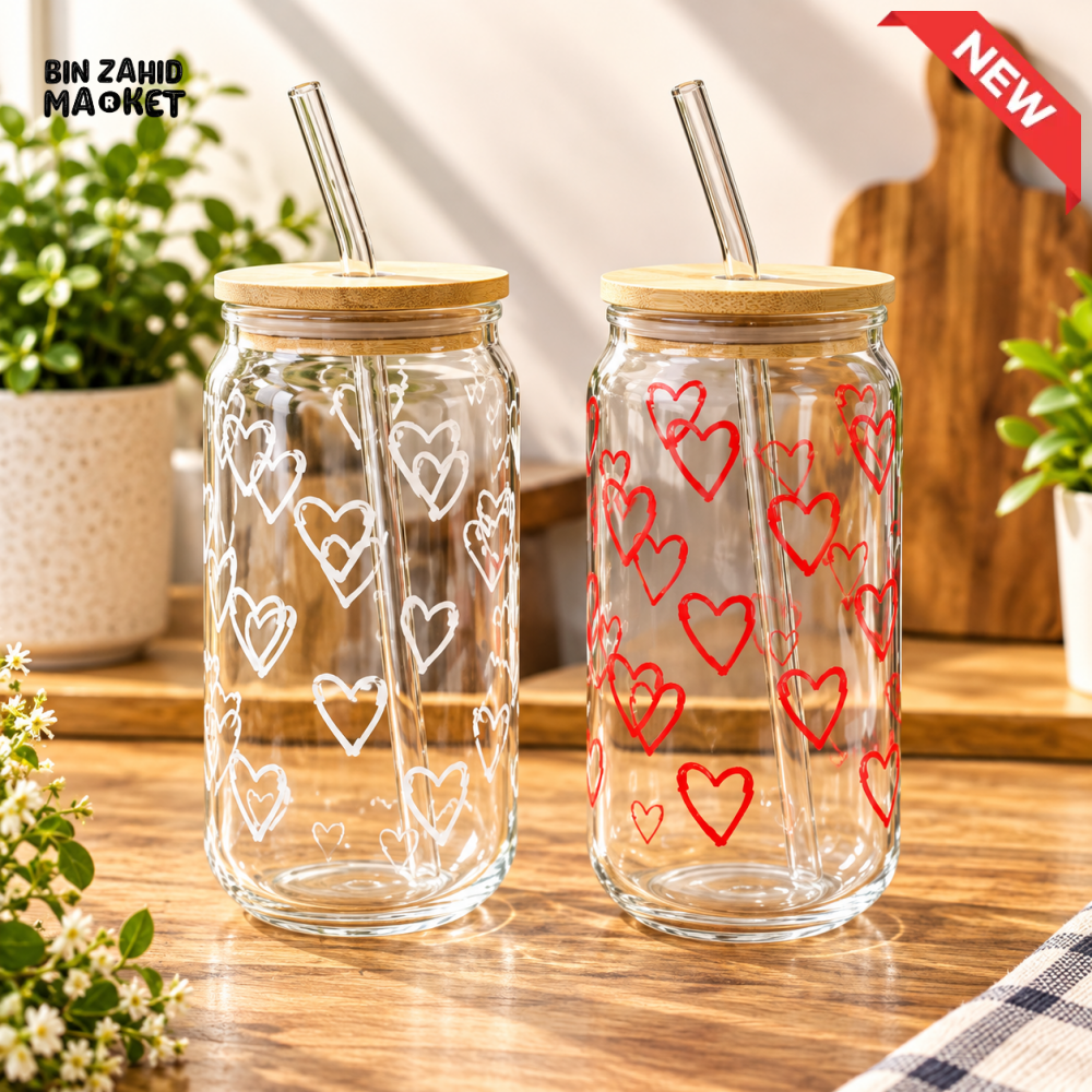 HEART DESIGN GLASS TUMBLER WITH BAMBOO LID AND STRAW