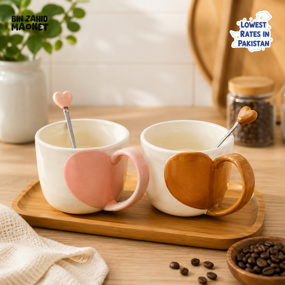 HEART HANDLE CERAMIC MUG SET - 4 PCS