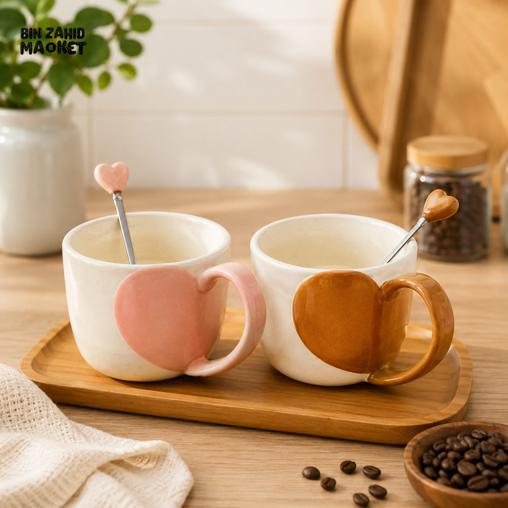 HEART HANDLE CERAMIC MUG SET - 4 PCS