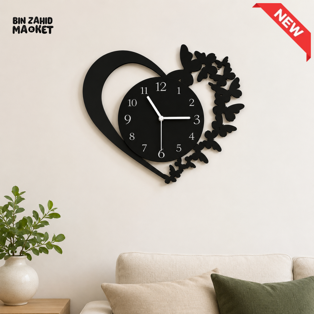 HEART SHAPED BUTTERFLY DECORATIVE WALL CLOCK