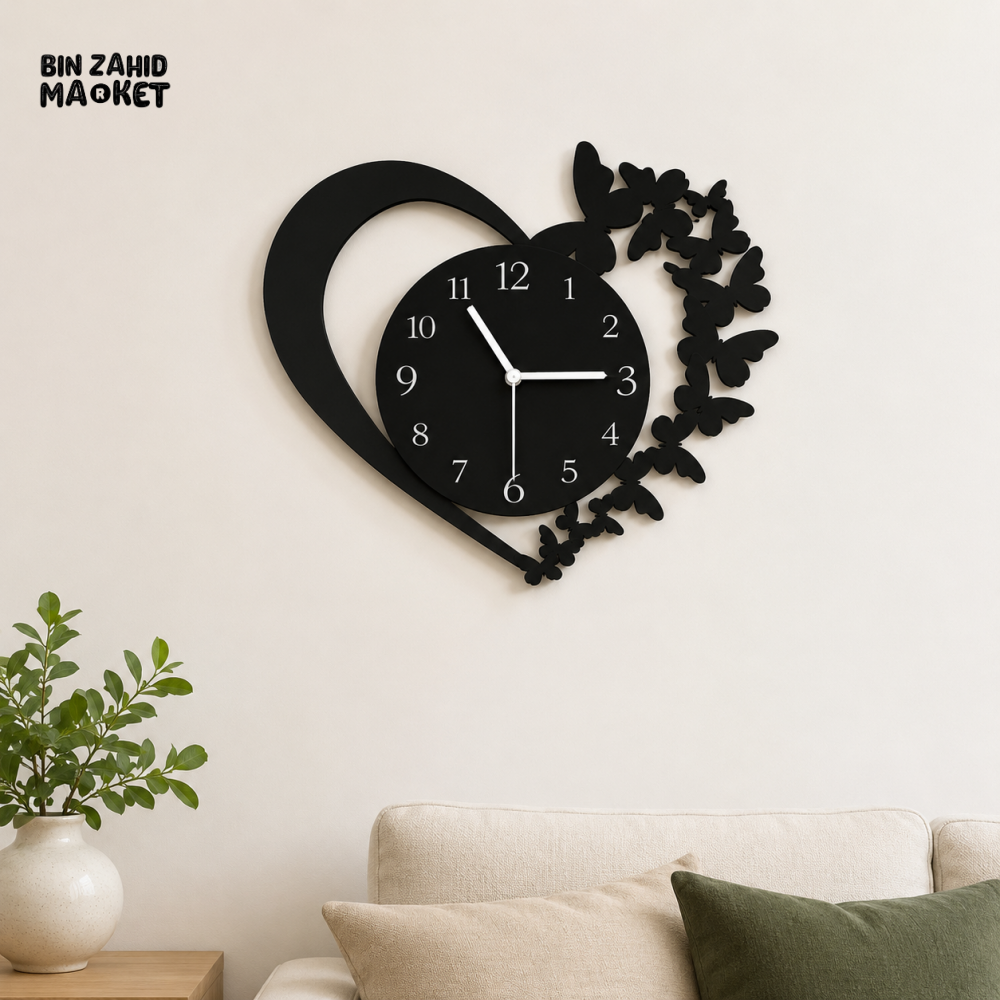 HEART SHAPED BUTTERFLY DECORATIVE WALL CLOCK