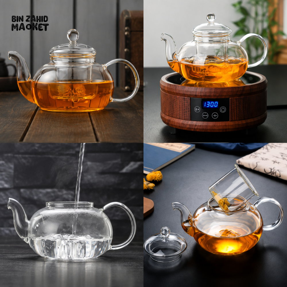 HEAT RESISTANT GLASS TEAPOT WITH REMOVABLE INFUSER AND LID