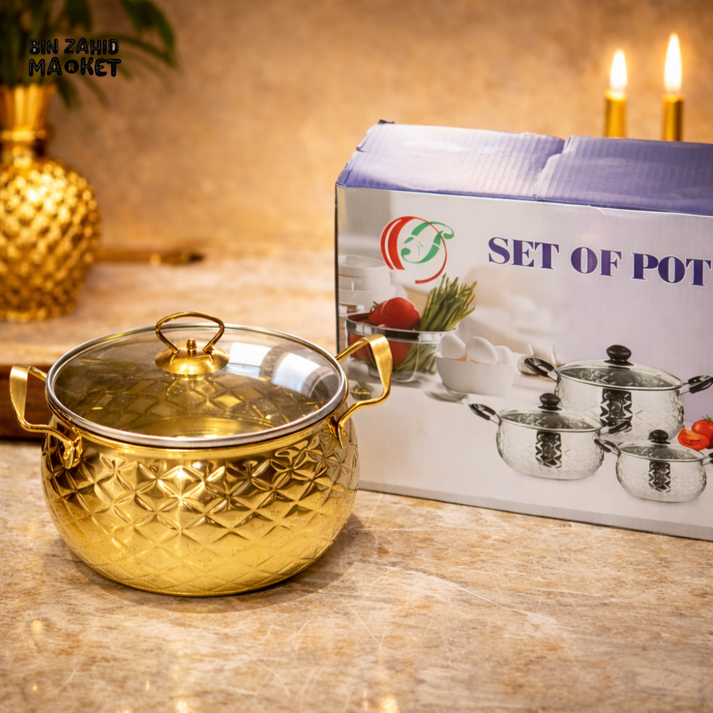 HEAVY-DUTY GOLDEN STAINLESS STEEL COOKWARE – 3-PIECE SET