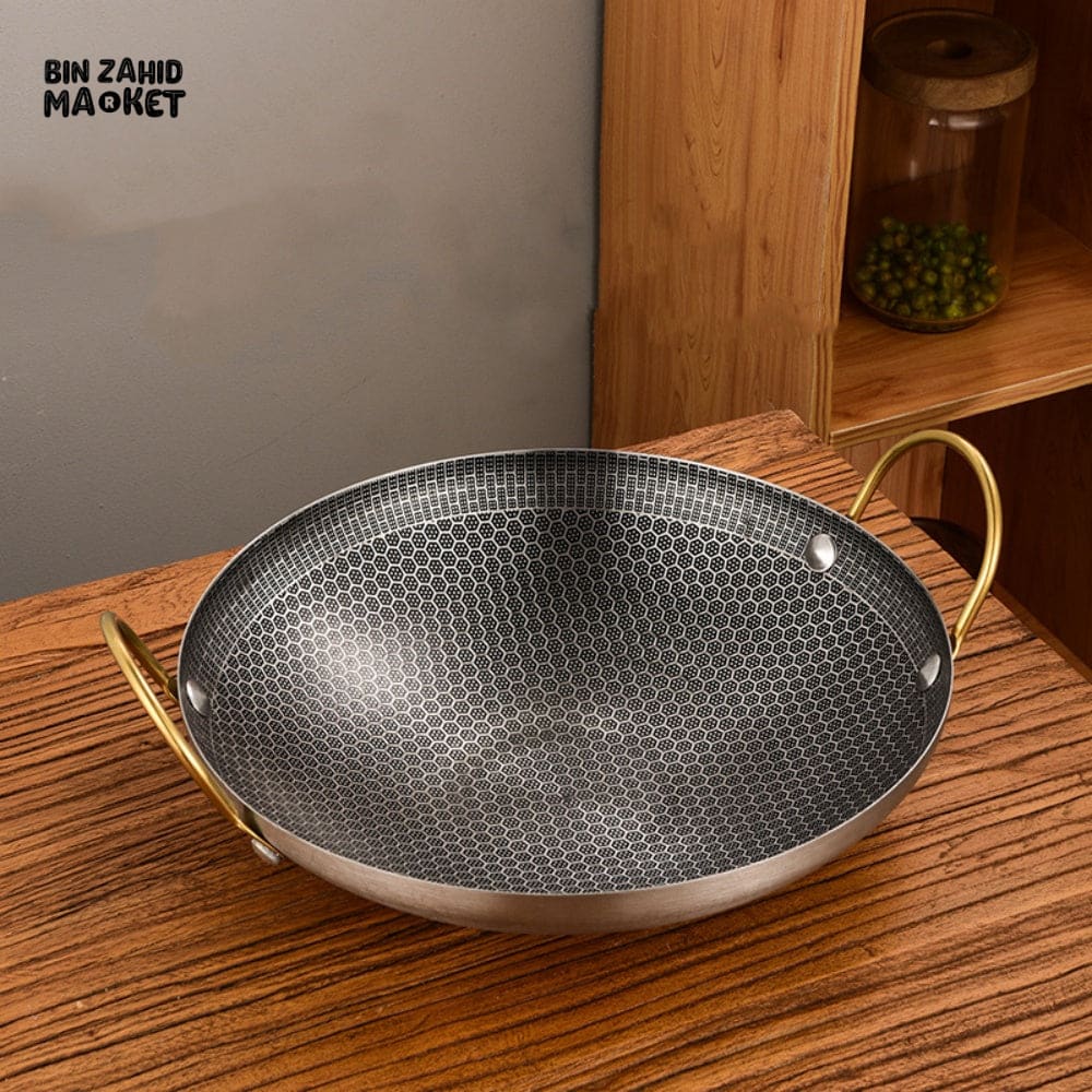 HEAVY DUTY THICK NON-STICK HONEYCOMB DRY POT – COMMERCIAL DOUBLE EAR WOK PAN