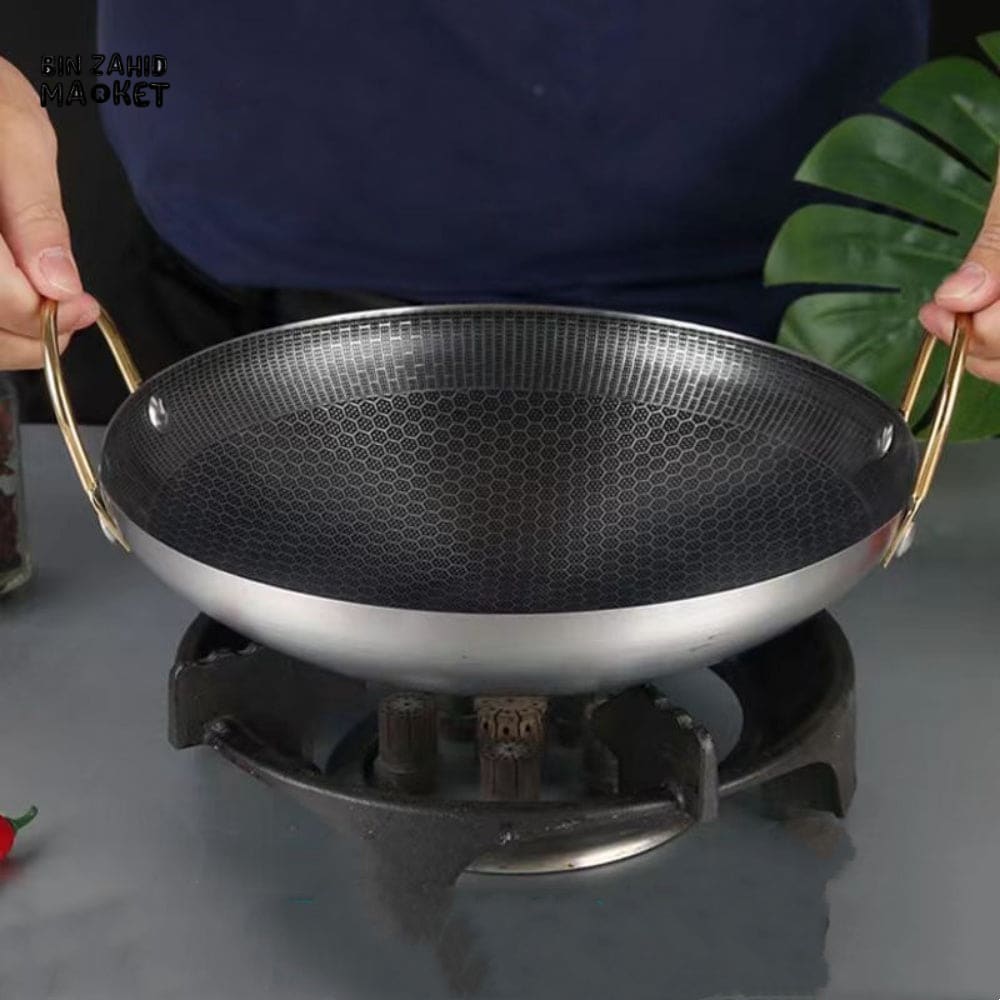 HEAVY DUTY THICK NON-STICK HONEYCOMB DRY POT – COMMERCIAL DOUBLE EAR WOK PAN