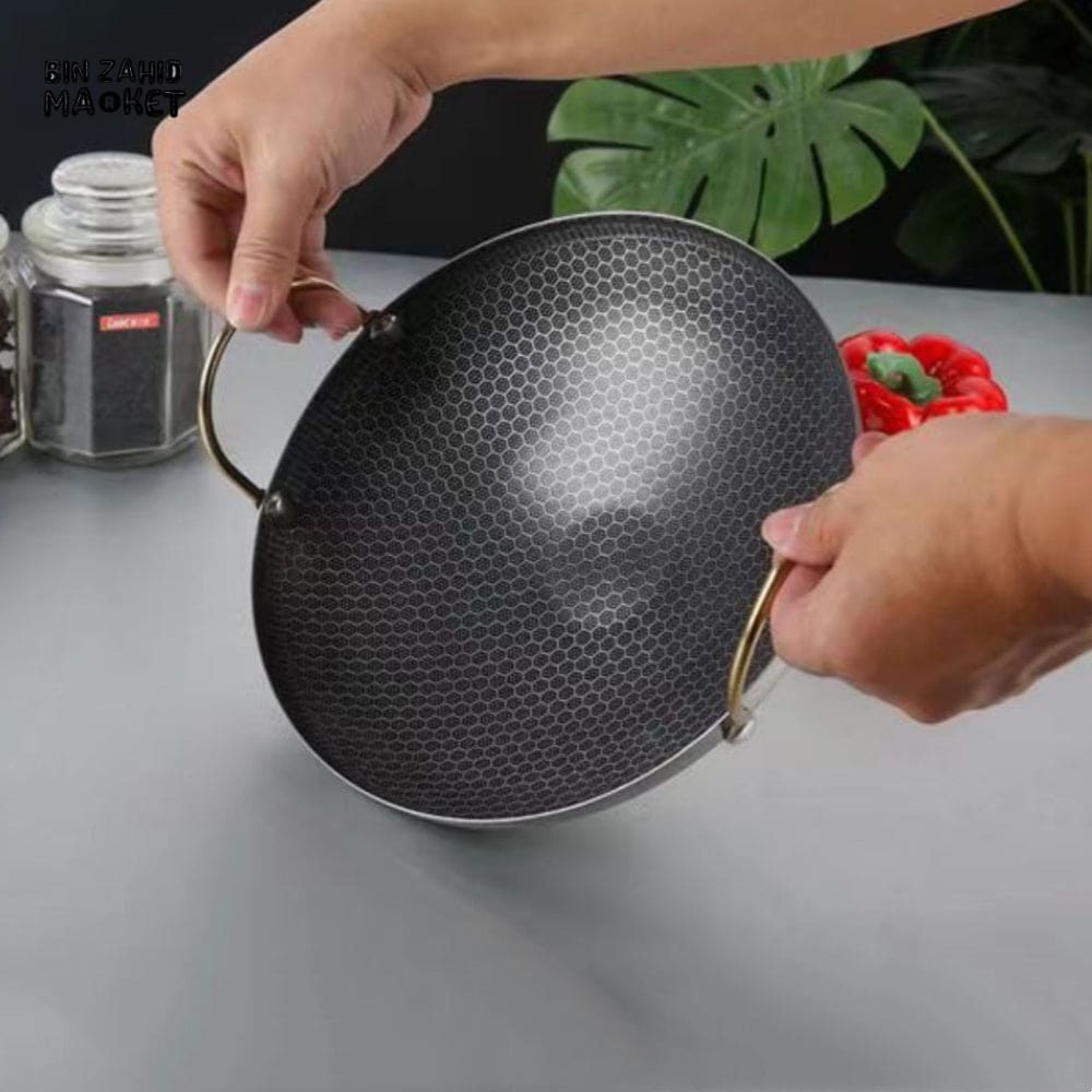 HEAVY DUTY THICK NON-STICK HONEYCOMB DRY POT – COMMERCIAL DOUBLE EAR WOK PAN