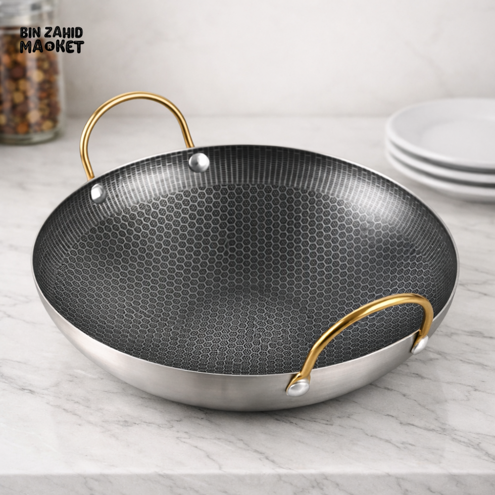 HEAVY DUTY THICK NON-STICK HONEYCOMB DRY POT – COMMERCIAL DOUBLE EAR WOK PAN