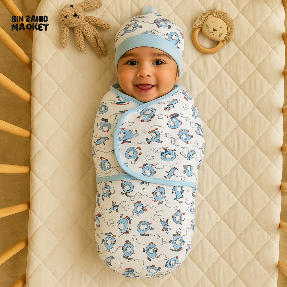 HELICOPTER PRINT NEWBORN SWADDLE SET WITH SKY BLUE BORDER, CAP & MITTENS – COTTON