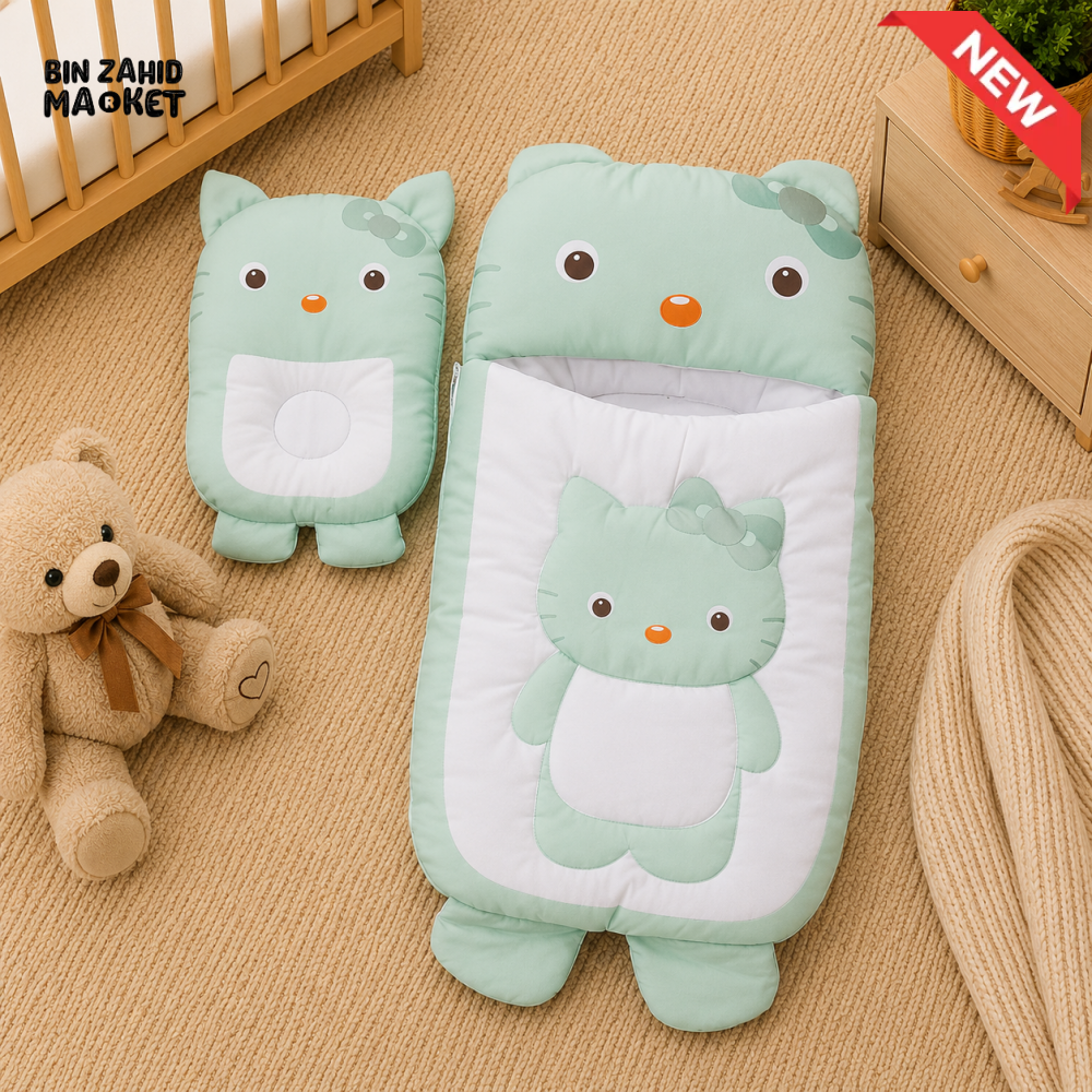 HELLO KITTY BABY SLEEPING BAG & PILLOW SET GREEN